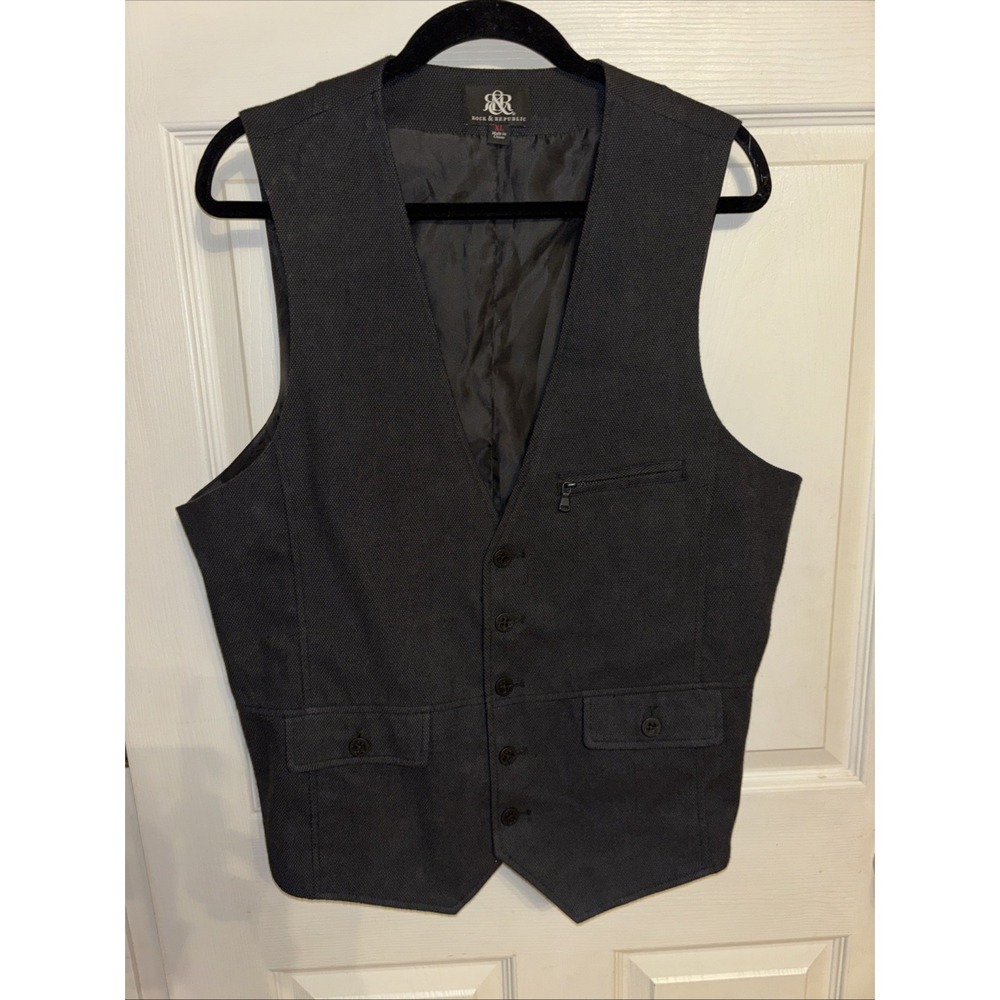Rock & Republic Vest Mens XL Black Textured Cotton Blend Pockets V-Neck 5-Button